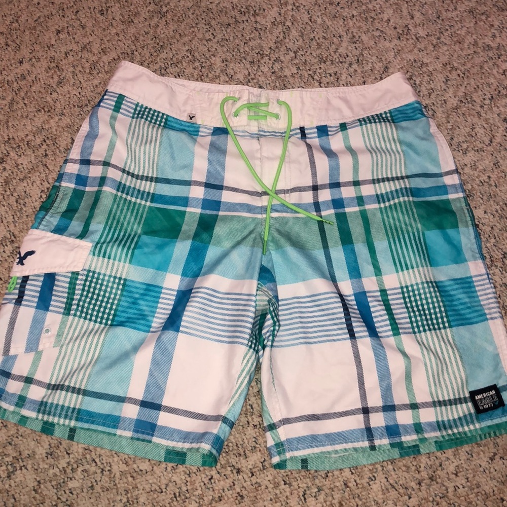 American eagle green and blue plaid swim trunks